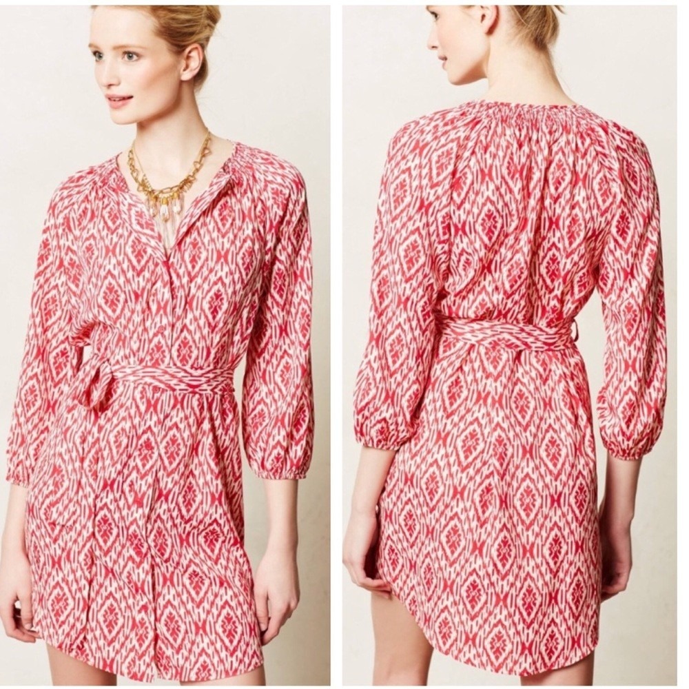 Anthropologie Maeve Frequencies Ikat Print Shirt Dress Tunic Red White Medium